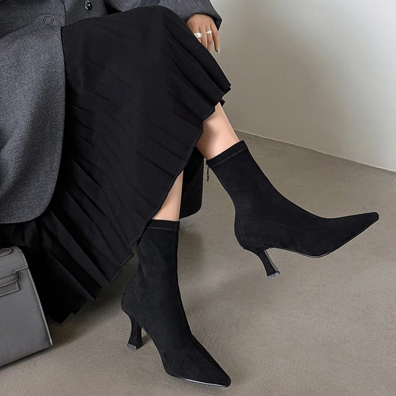 ผู้หญิงวินเทจข้อเท้ารองเท้าแฟชั่น Pointed Toe รองเท้าฤดูใบไม้ร่วงฤดูหนาวรองเท้าส้นสูงสุภาพสตรี Elegant ยืด Slim สั้น Booties