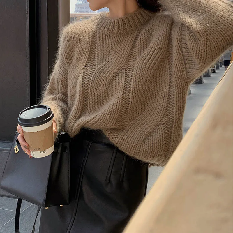 Grobes Garn Gestrickte Pullover für Frauen Herbst Winter Faul Stil Stretch Twist Pullover Vintage Einfarbig Oansatz Jumper Mujer
