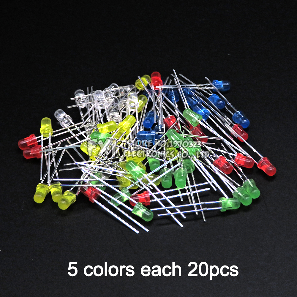 Kit assressentide diodes électroluminescentes, F3 LED, 3mm, blanc, vert, rouge, bleu, jaune, orange, rose, violet, chaud, bricolage, BXV, 100 pièces