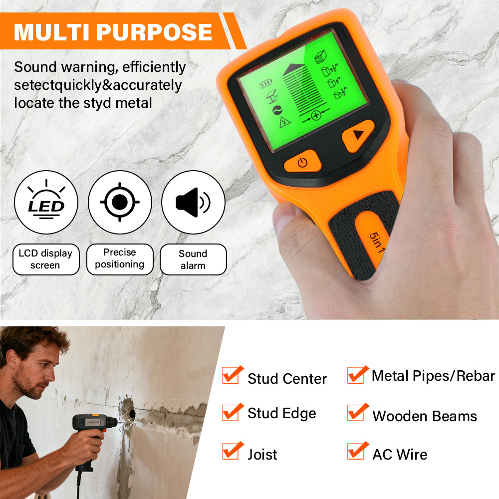 New 5-in-1 Wall Detector Handheld Screw Column Detector Live AC Cable Detector, Cable, PVC Water Pipe Metal Detector