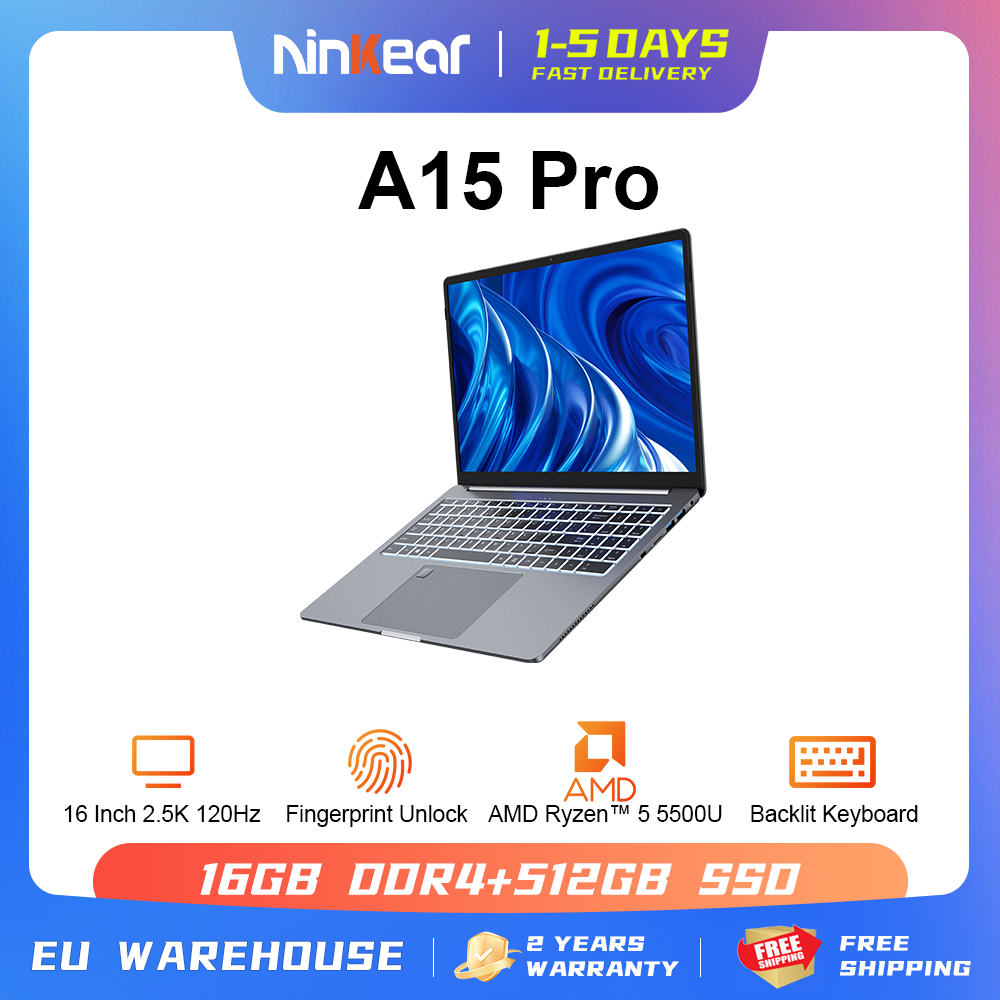 Ninkear A15 Pro Laptop 16" 120Hz 2,5K QHD 100 % sRGB AMD Ryzen ™   5 5500U Notebook 16G DDR5 + 512 GB PCIe 3.0 SSD 1,8 kg 20 mm FP entsperren