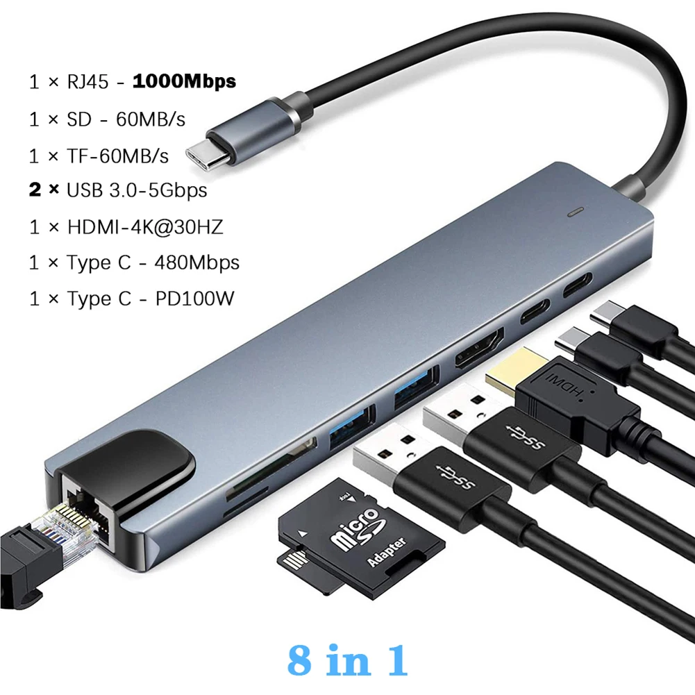 USB 3,0 tipo C HUB USB C estación de acoplamiento a HDMI 4K 30HZ multifuncional tipo C a RJ45 1000Mbps adaptador Ethernet extensor VGA