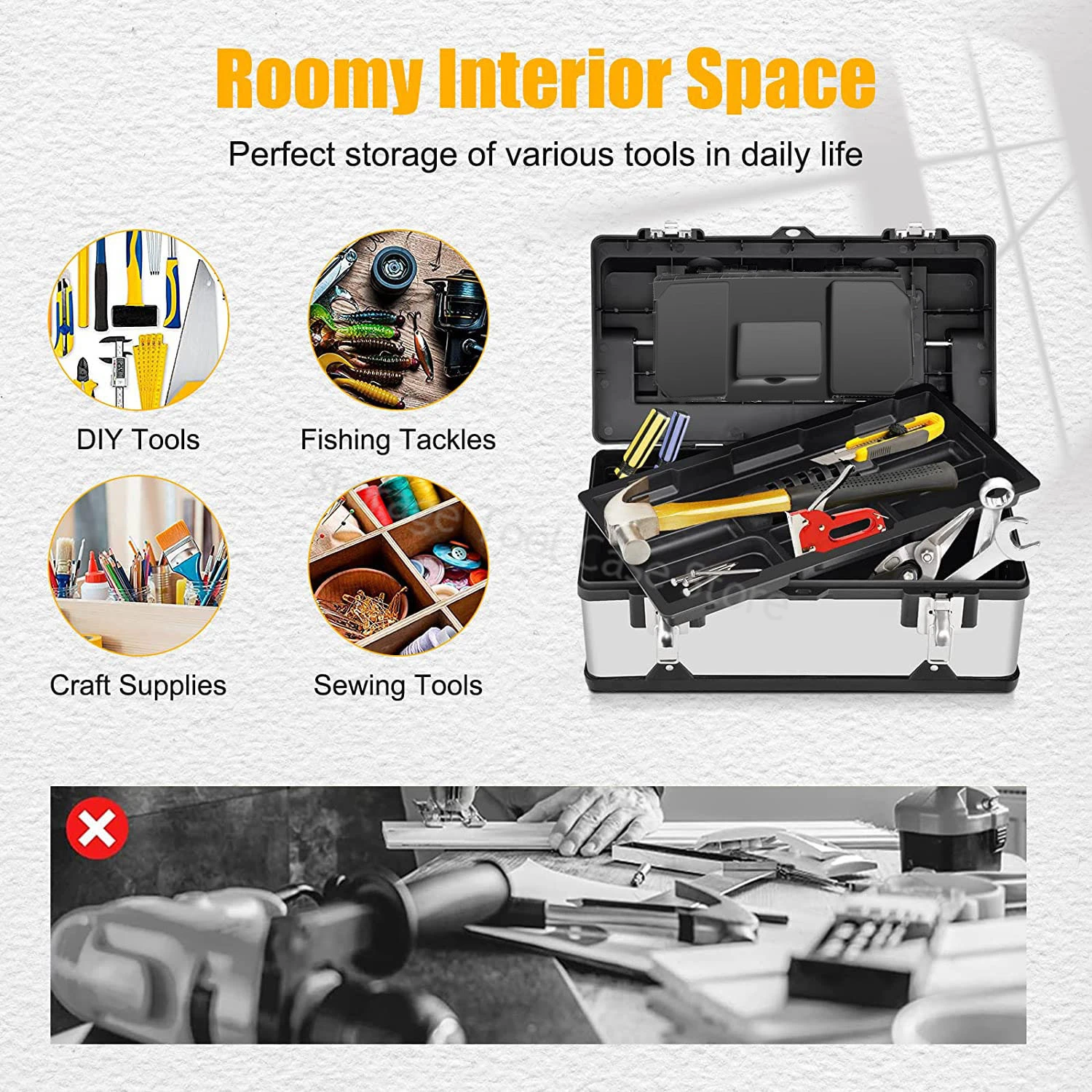 Tool box Stainless Steel Toolbox 2-Layer Tools Storage Box Empty Large Tool Case Hardware Suitcase Metal Portable Tool Organizer