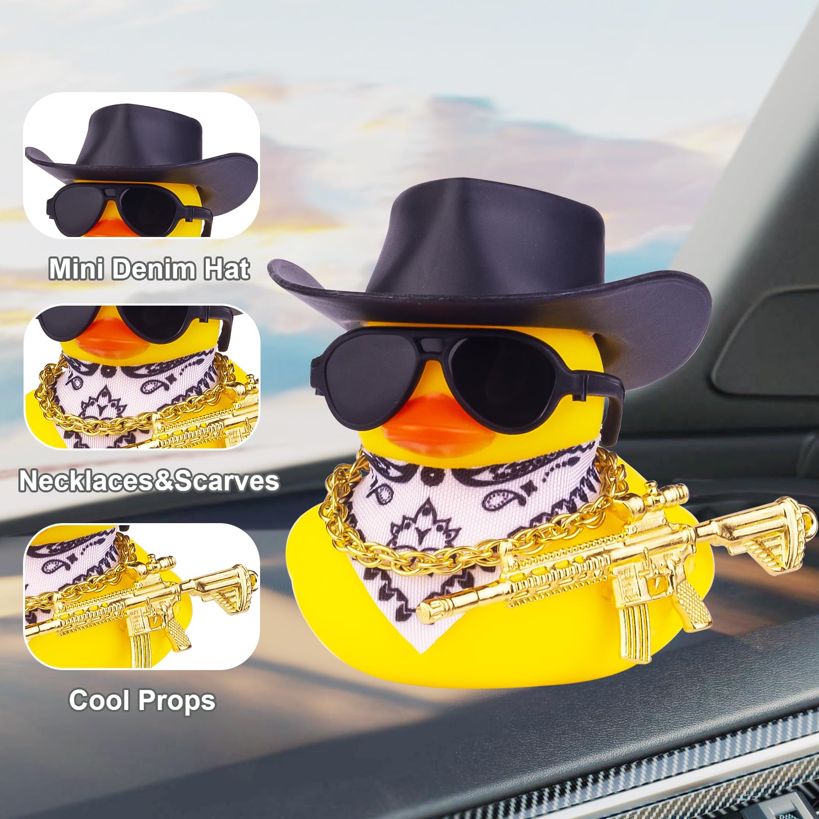 Rubber Duck Car Ornaments Duck Car Dashboard Decorations for Cool Car Accessories with Cowboy Hat Necklace and Sunglasses