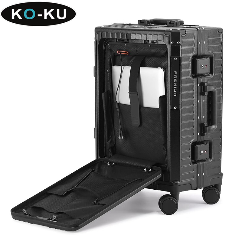 KO-KU Aluminium Frame Trolley Case Front Open Cover Multifunction Business Travel Suitcase Cup Holder USB Port 20'' Boarding Box