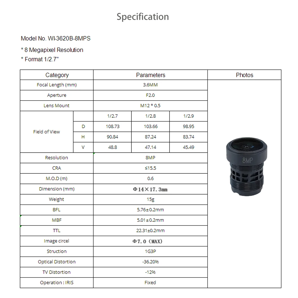 Объектив Witrue HD 8MP CCTV M12 Mount 3,6 мм Aperture F2.0 формат 1/2.7 для видеонаблюдения IP-камеры оптом
