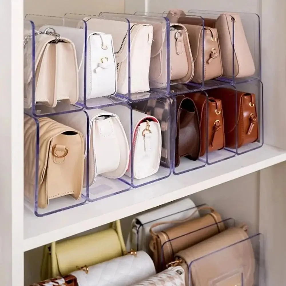 4Grids Women Handbag Storage Divided Shelf Transparent Plastic Display Rack for Home Wardrobe Closet Bags