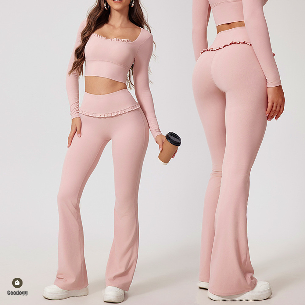 Conjunto de Yoga con almohadilla para mujer, Top corto deportivo de manga larga para gimnasio y Fitness, Legging acampanado de cintura alta, ropa atlética para entrenamiento, 2 uds.