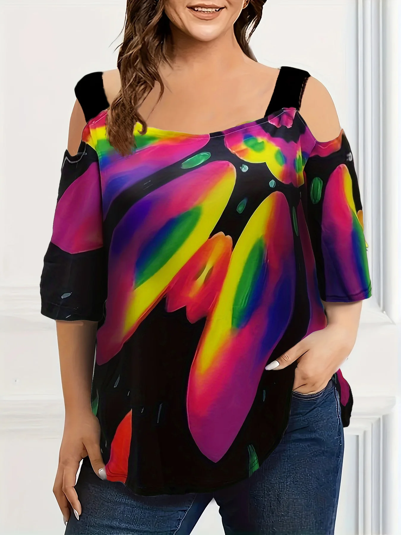 Zomer Nieuwe Mode Riem Off-The-Shoulder Multi-Color Print Plus Size Dames T-Shirt Met Korte Mouwen