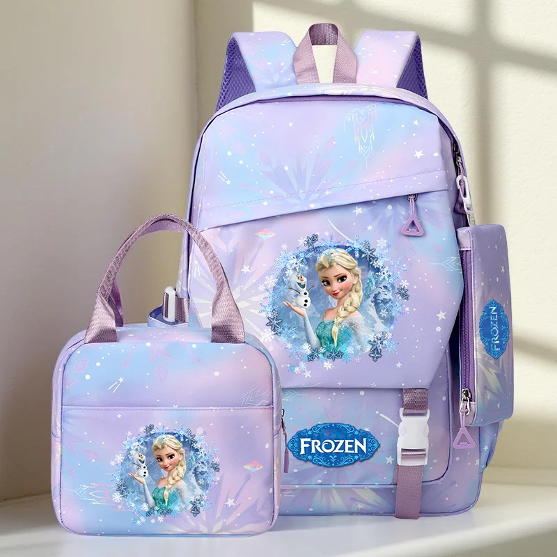 3Pcs Frozen Elsa Backpack Set, Girls School Bag with Lunch Tote & Pencil Case, Durable Nylon Bookbag for Back to School
