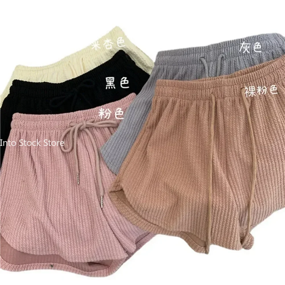 여성 반바지 여름 높은 탄성 레이스 업 Drawstring 넓은 다리 땀 짧은 피트니스 러닝 반바지 루즈 캐주얼 대형 스포츠 바지