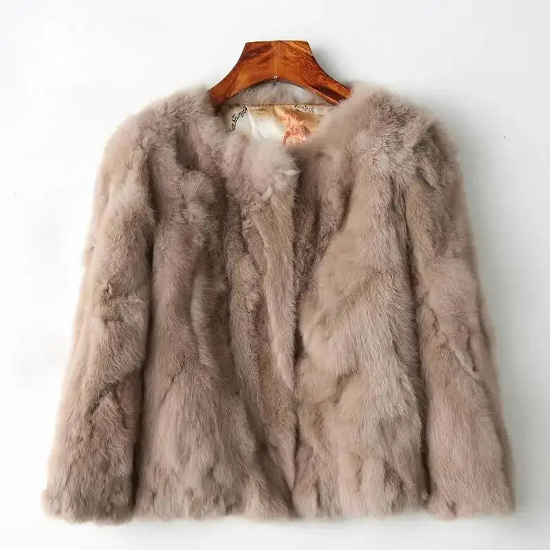 2025 novo casaco de pele de coelho real feminino de cintura alta gola redonda cardigan de manga comprida fino ajuste jaqueta de coelho casaco de moda feminina