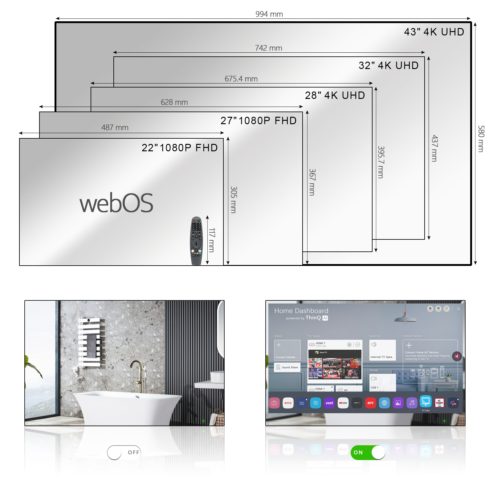 音声制御付きスマートTVミラー,43インチ,LED大画面,4K,防水,Android,wifi,dvb,atsc,soul webos