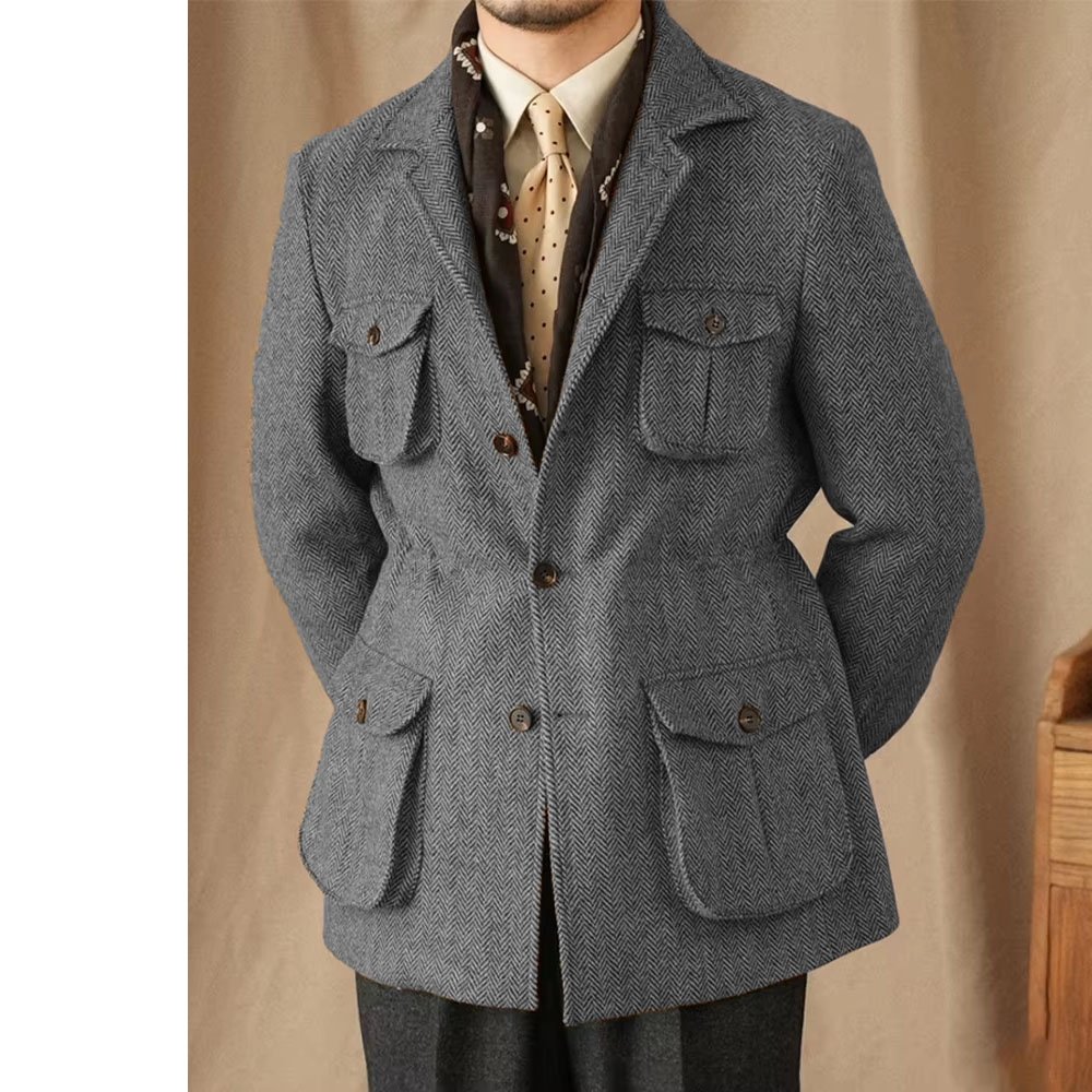 Men's Suits Vintage Herringbone Tweed Blazer British Wool Blend Double Breasted Lightweight Casual Sport Coat Formal Jacket
