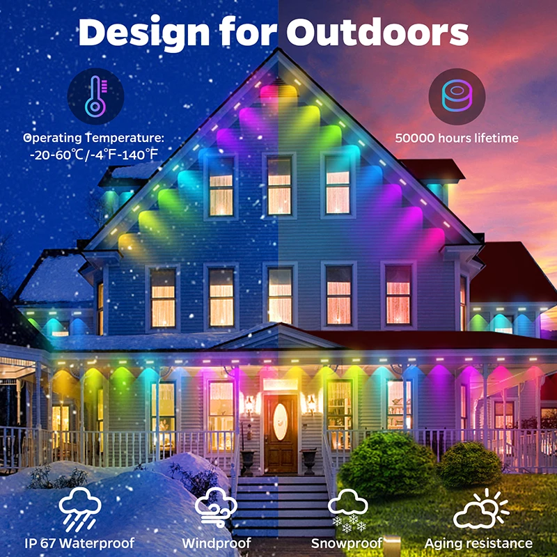 屋外のeavesLEDライト、防水RGBストリングライト、DIYシーン照明、クリスマスホリデーおよび誕生日パーティー照明、60 LED、100フィート
