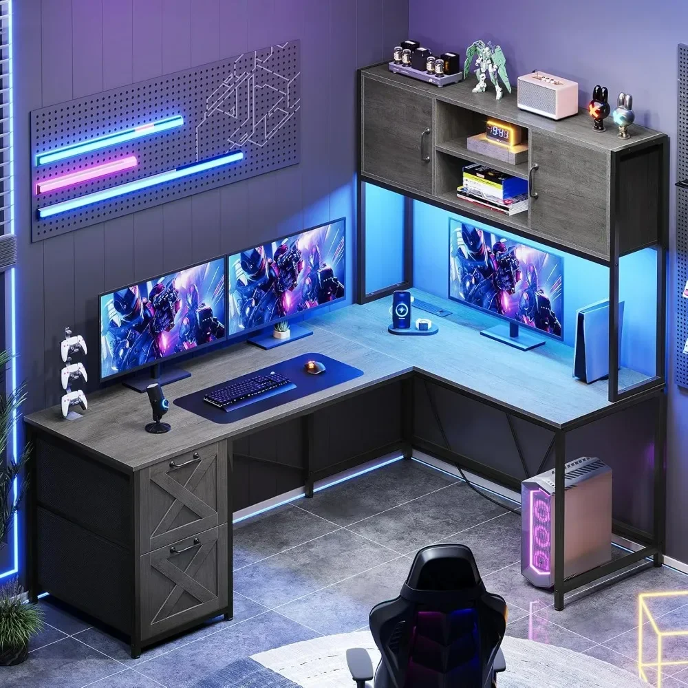 L Shaped Gaming Desk, Reversible Computer Desk with Fabric Drawers and Power Outlet, with Led Lights, Hutch and Storage Shelf