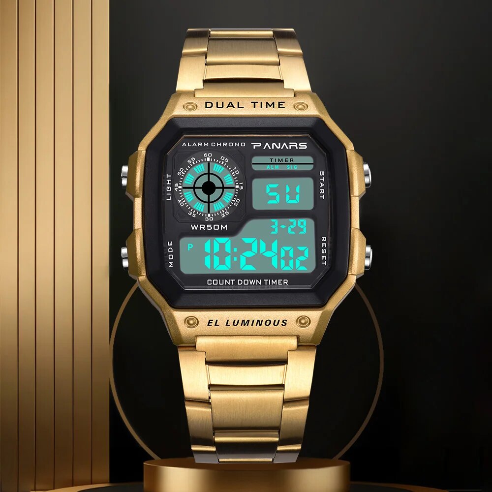 PANARS Top Luxo Aço Inoxidável Strap Esporte Relógios Mens À Prova D 'Água Back Light Digital Relógio De Pulso Masculino Alarme