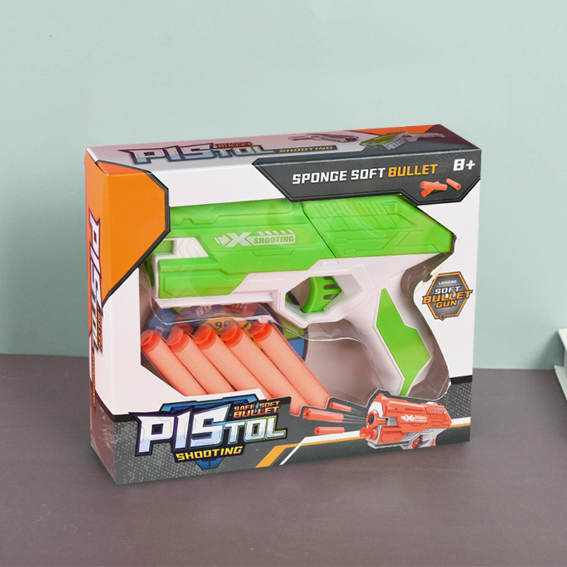 Pistolet jouet à balles souples pour enfants, pistolet manuel, fléchettes, Blaster, modèle de tir en plastique coloré, lanceur avec boîte, cadeau d'anniversaire pour garçons