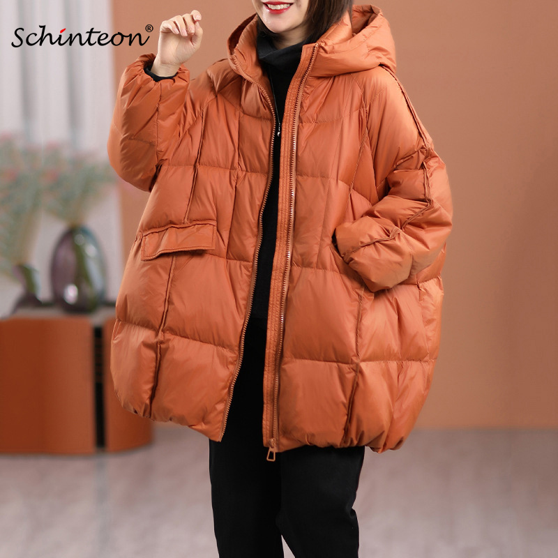 Schinteon Damen-Daunenjacke mit weißer Ente und Kapuze, Herbst-Winter, warm, Oberbekleidung, lässig, locker, übergroß, Oberbekleidung, dicker Mantel, 2023, Neu