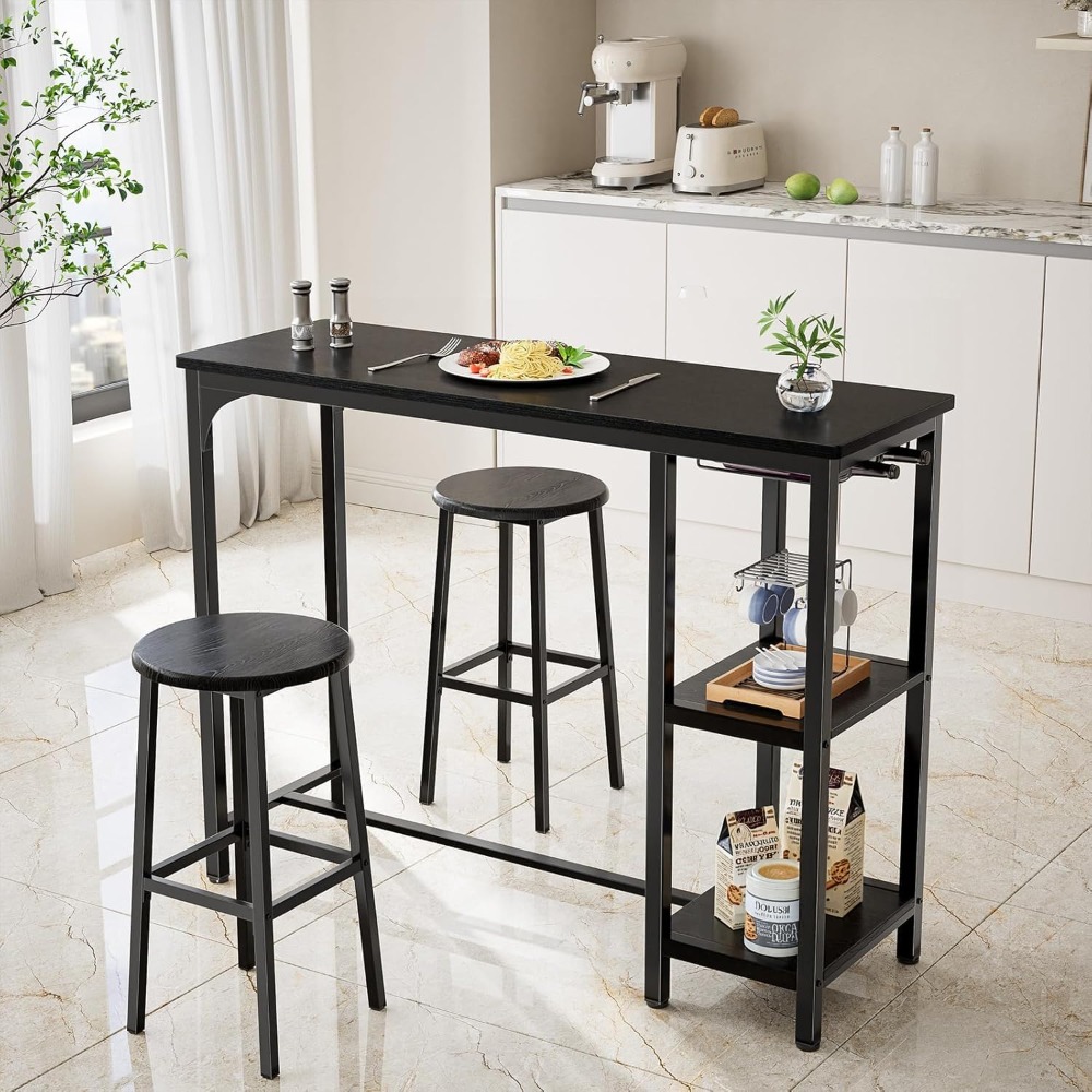 Juego de mesa alta para bar con 2 taburetes – Mesa alta para cocina o salón con 2 estantes y soporte para botellas de vino (negro)