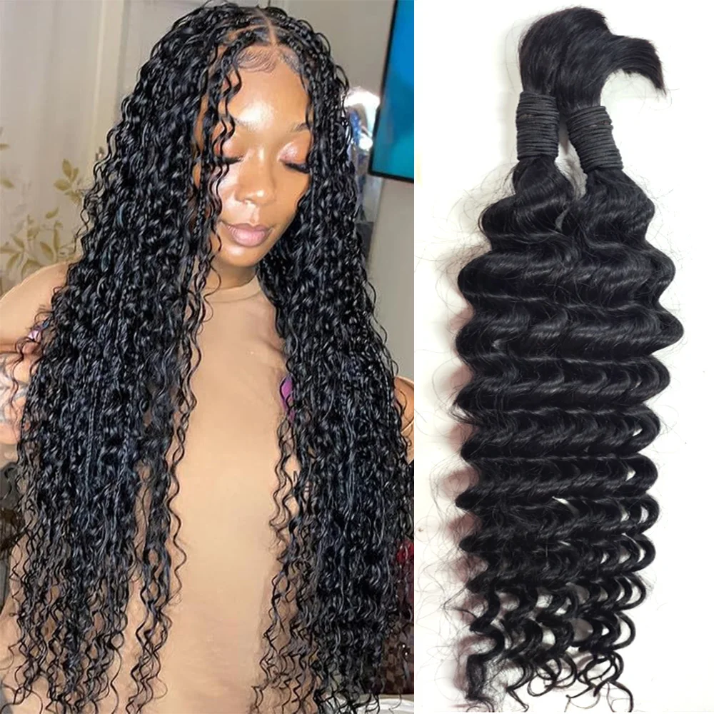 Trança de cabelo em massa 100% cabelo humano onda profunda sem trama pacotes brasileiros tranças extensão encaracolado pacote de cabelo humano para tranças boho
