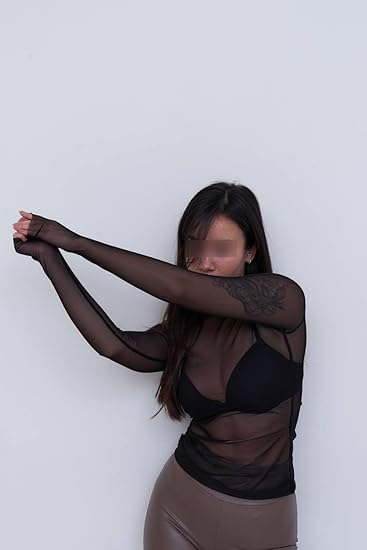 春夏レディース長袖セクシーな黒メッシュトップブラウス透明パンククラブシャツ Tシャツビーチトップス