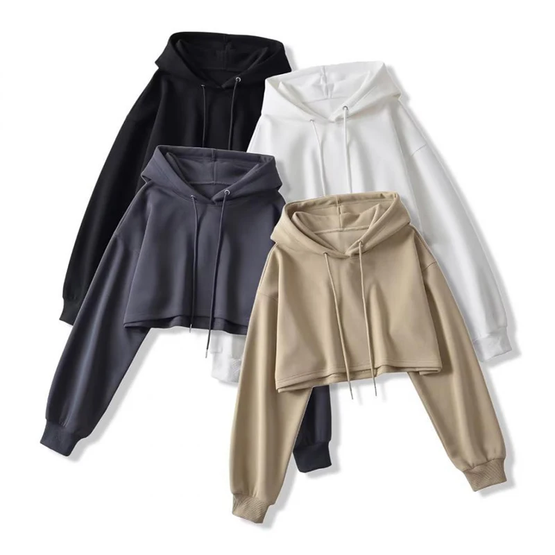 Sexy korte hooded sweatshirts damesmode effen kleur lange mouw crop tops koreaanse streetwear trui hoodies vrouwelijk