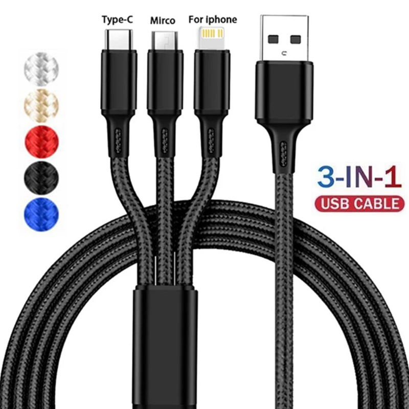 USB-зарядное устройство 3 в 1, кабель для быстрой зарядки типа C, мульти-кабель для зарядного устройства Micro IOS для iPhone, Huawei, Samsung, нейлоновый плетеный шнур