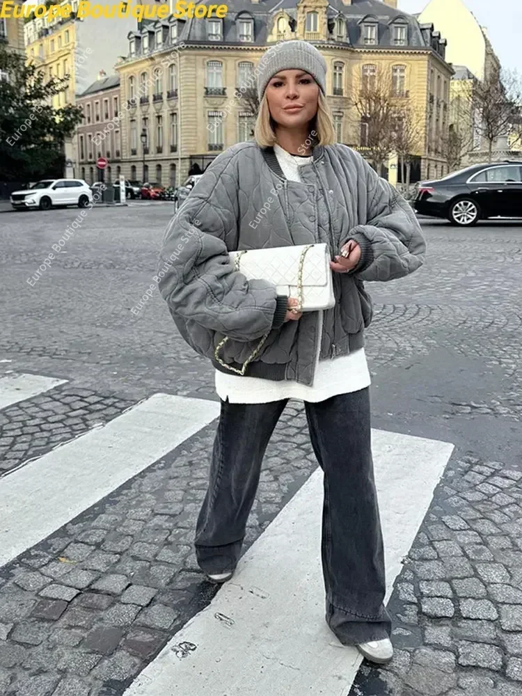 Gesteppte einreihige graue Damen-Baumwolljacke, lässige Tasche, Stehkragen, langärmelige Mäntel, Herbst-Winter-Pendler-Oberbekleidung