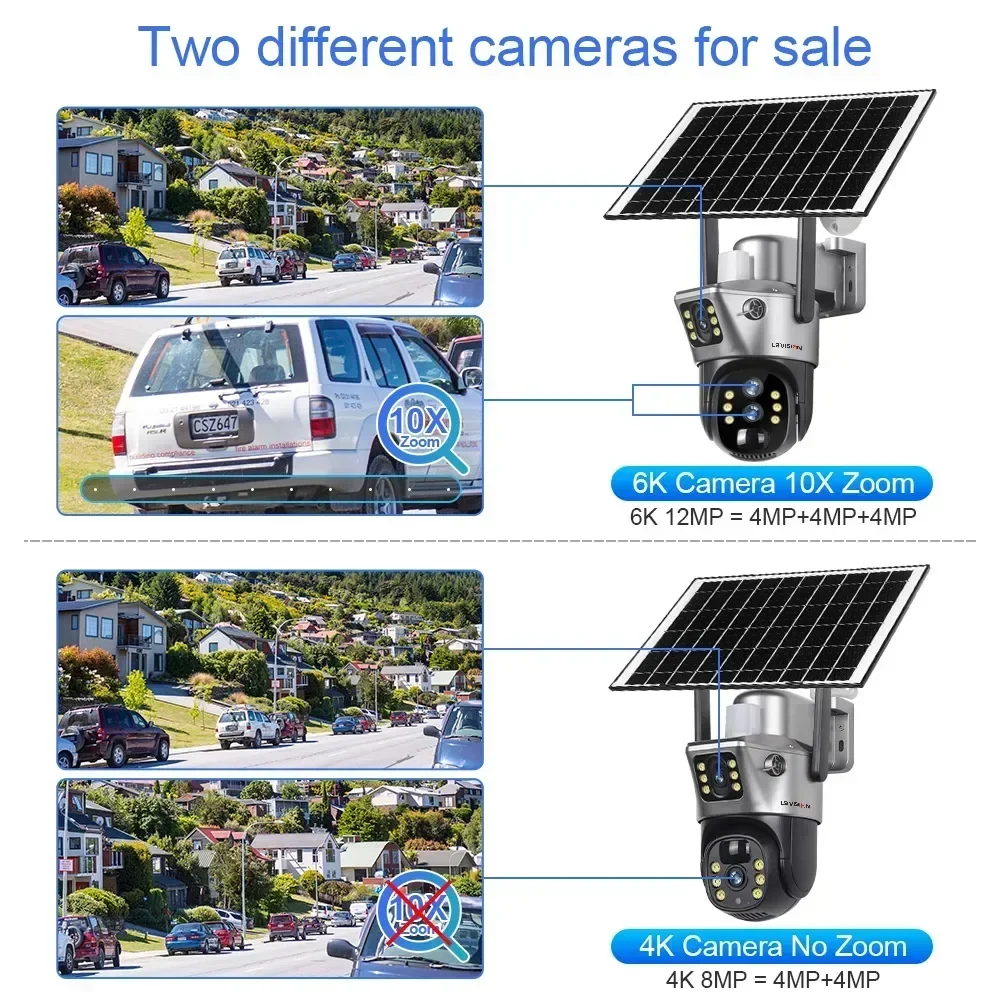 LS VISION-cámara Solar de doble pantalla con Zoom de 12MP y 10X para exteriores, 6K, 4G/WiFi, tres lentes, seguimiento automático humano, cámaras de seguridad, aplicación V380 Pro
