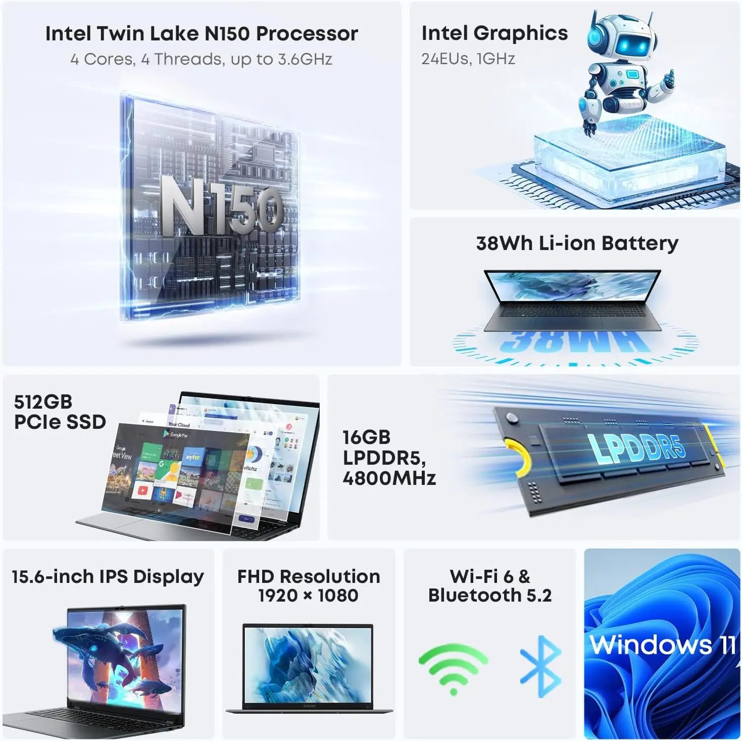 CHUWI 제미북 플러스 노트북 15.6인치 FHD 1920x1080 16GB LPDDR5 512GB SSD 인텔 N100/N150 알더레이크 WiFi 6 윈도우 11 노트북