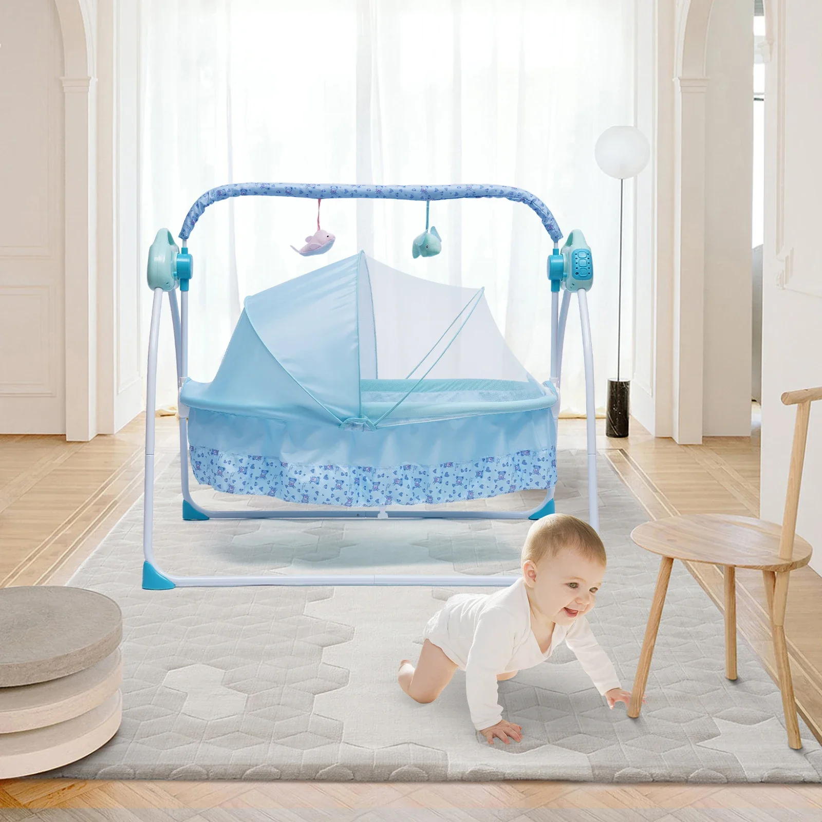 Berço elétrico para bebês, berço com balanço automático para recém-nascidos, cama infantil com bluetooth azul com cadeira + música + tapete + rede