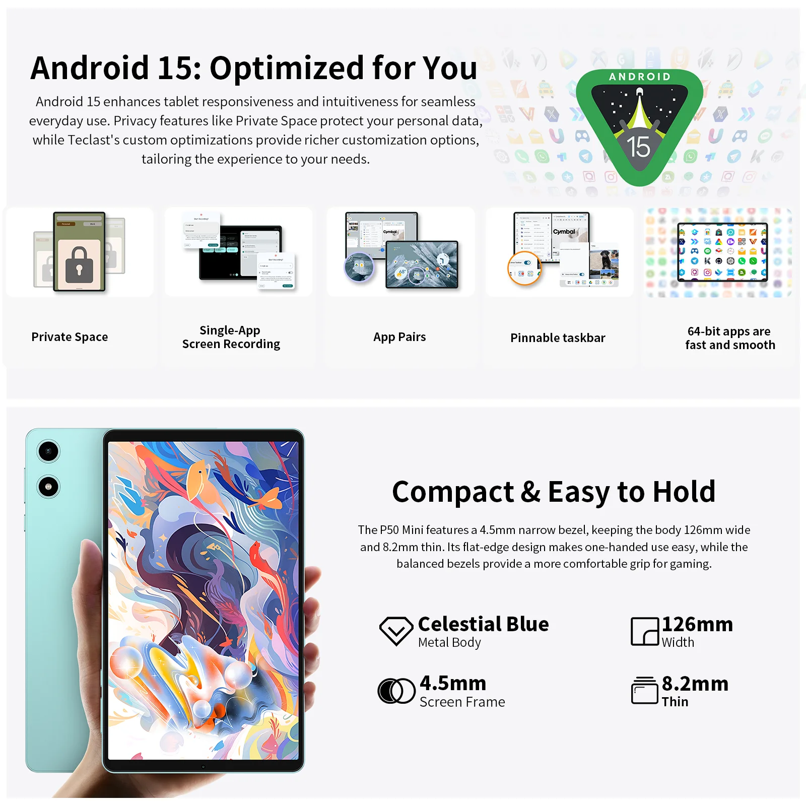 Teclast P50 Mini Tablet Android 15 8.7" IPS 90Hz 12GB(4GB+8GB Expansion)RAM 128GB ROM T606 8-Core 5000mAh GPS Widevine L1 Type-C