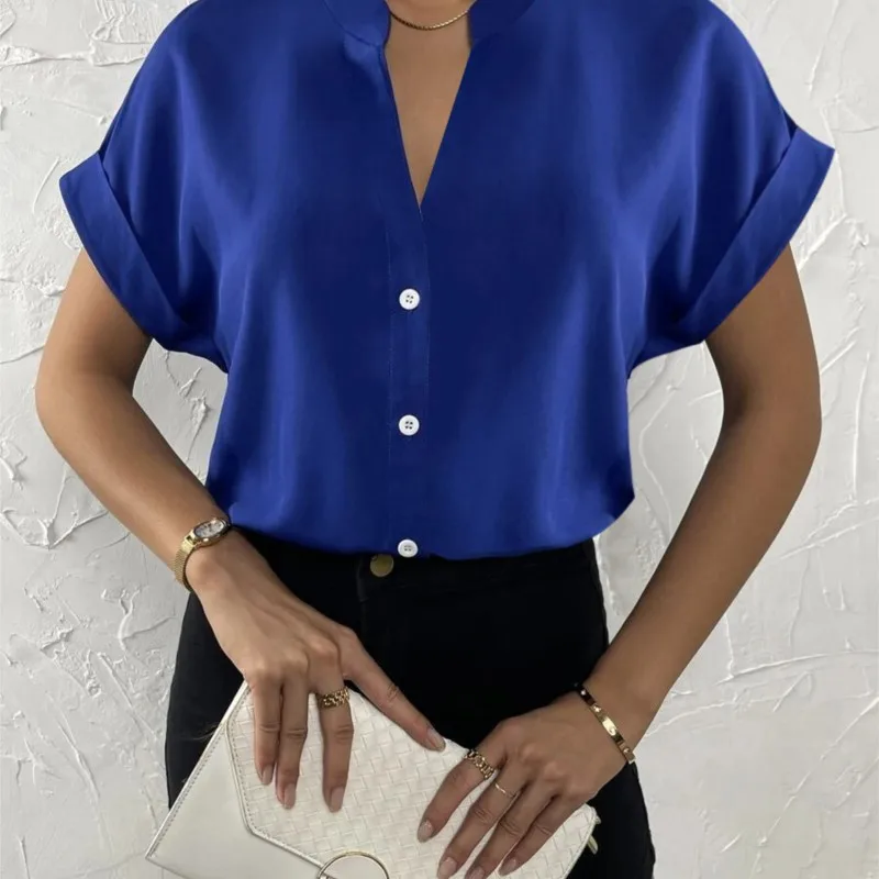 ฤดูร้อนMinimalistผู้หญิงVคอเสื้อ 2024 ผู้หญิงซาตินสีแดงแขนสั้นเดี่ยวBreasted Casual FITTINGเสื้อสํานักงาน