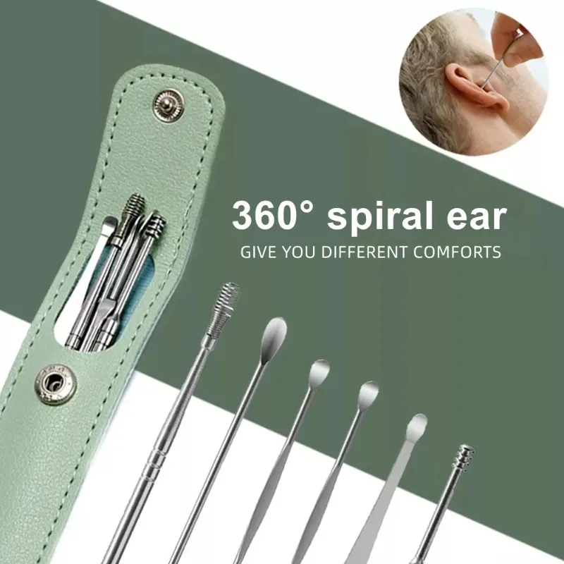 Limpiador de oídos de acero inoxidable, recogedor de cera para los oídos, kit de piercing, cureta, cuchara para el cuidado de la oreja, herramientas de limpieza, 6 unidades por juego