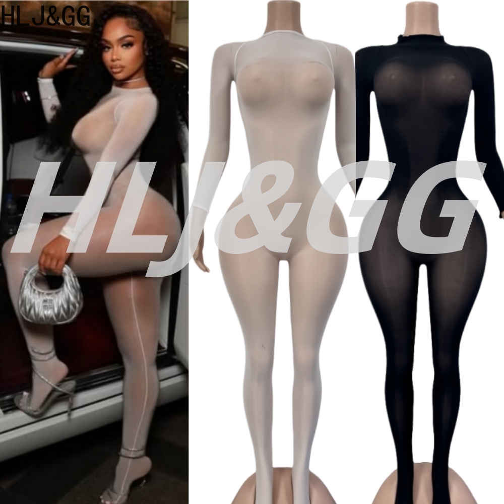 Hlj & gg sexy malha ver através bodycon uma peça macacões feminino o pescoço manga longa elástico geral senhora festa clubwear playsuits