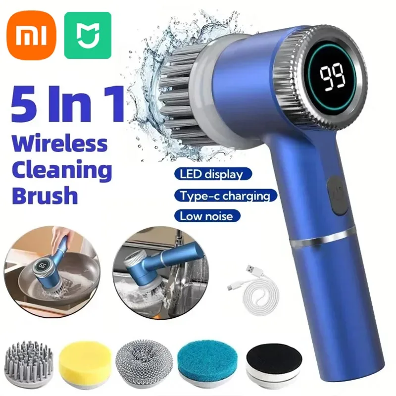 Xiaomi-cepillo de limpieza eléctrico multifuncional, cocina, baño, inodoro, cepillo de limpieza potente portátil, 5 cabezales, pantalla LED