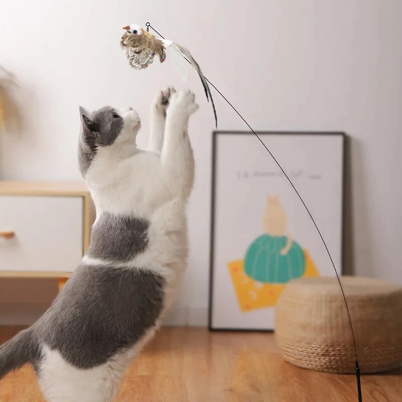 จําลอง BIRD Interactive ของเล่นแมว Funny Feather BIRD Bell Cat Stick ของเล่นสําหรับลูกแมวเล่น Teaser Wand ของเล่นแมวอุปกรณ์