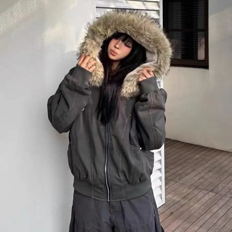 Jaqueta americana retrô com gola de lã, moda de inverno, estilo escolar pequeno, design com capuz, jaqueta curta de algodão