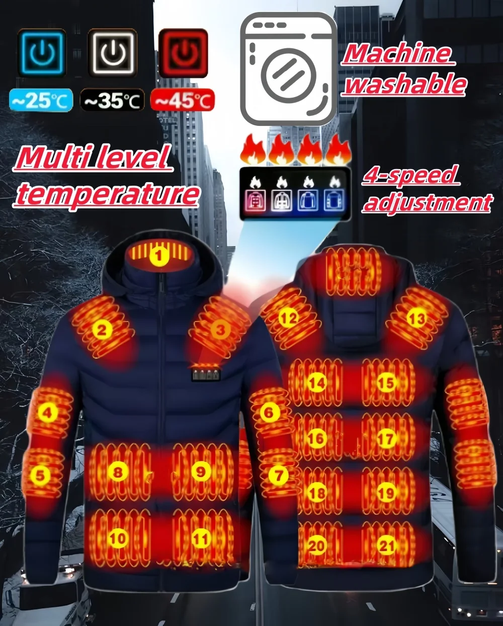 USB 21/23/25 Multi-zone Verwarming Kleding Mode Kapmantel Winter Koud Warm Tooling Jas Eenvoudige Effen Kleur Herenkleding