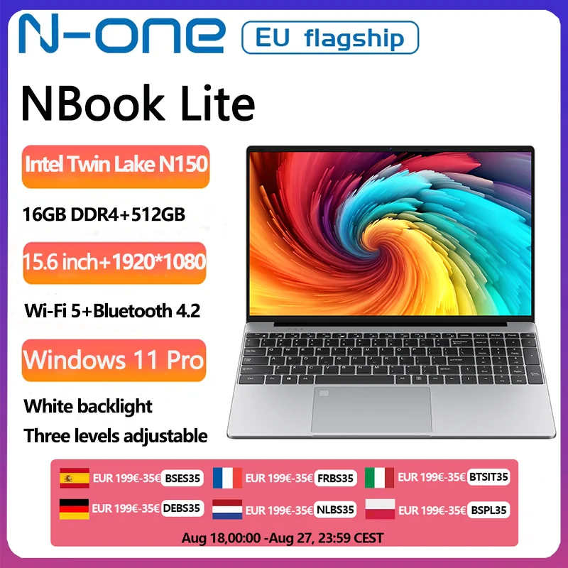 N-one Nbook Lite Laptop 15,6'' 1920*1080 Intel ®   Twin Lake N150 Windows 11Pro 16 GB DDR4 512 GB SSD Wi-Fi 5 Bluetooth 5.1 Computer