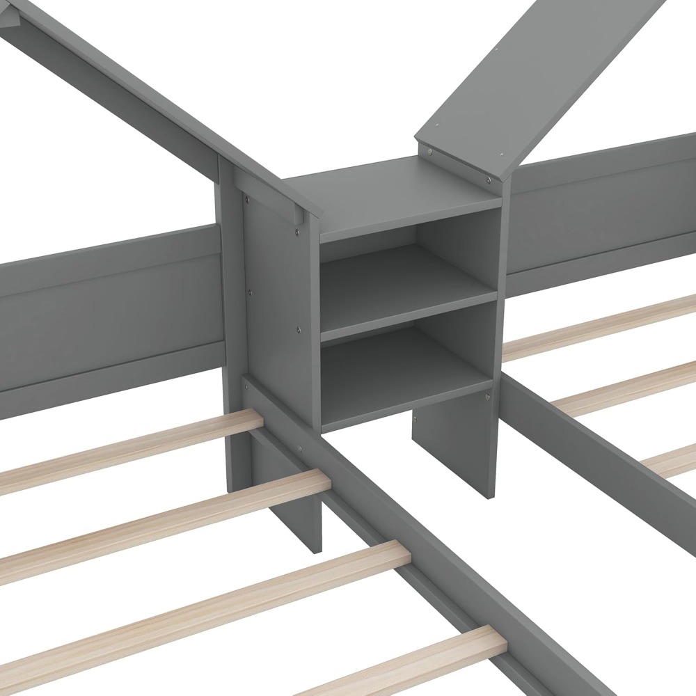 SOFTSEA Double Twin Bed Frame for Kids, Twin House Bed with Nightstand, Double Bed Frame House