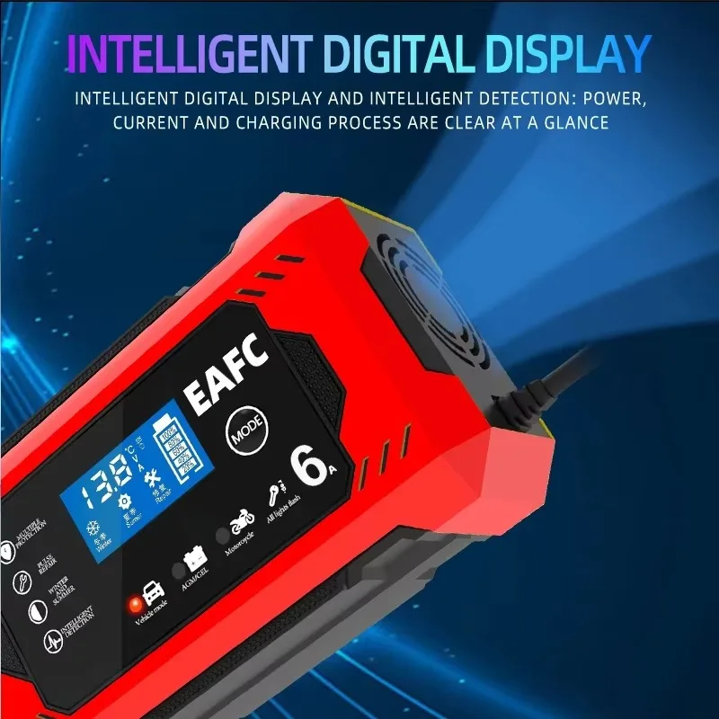 Carregador de bateria de carro de tela grande 6a 12v dispositivo de carregamento de bateria de carro e motocicleta bateria de chumbo-ácido reparo inteligente display lcd