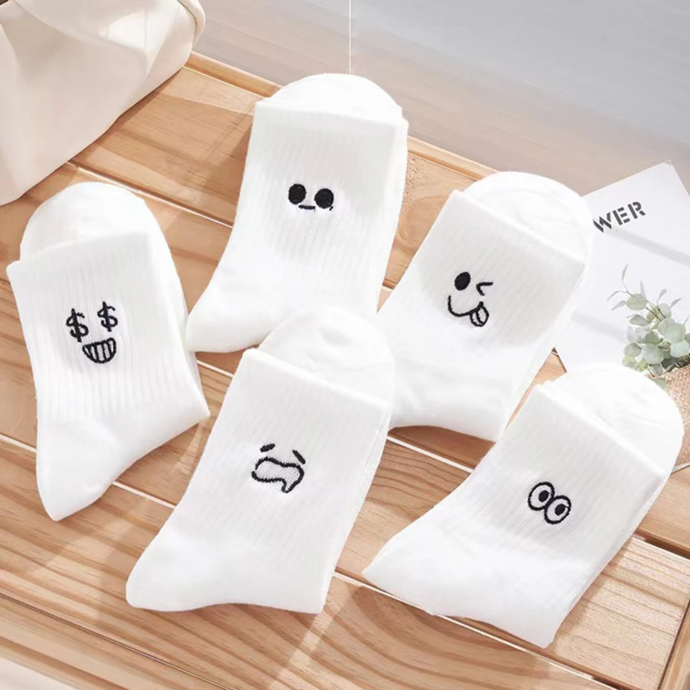 5/10 paar dames witte cartoonsokken trendy veelzijdige expressie sokken eenvoudig ontwerp zachte ademende comfortabele casual sokken