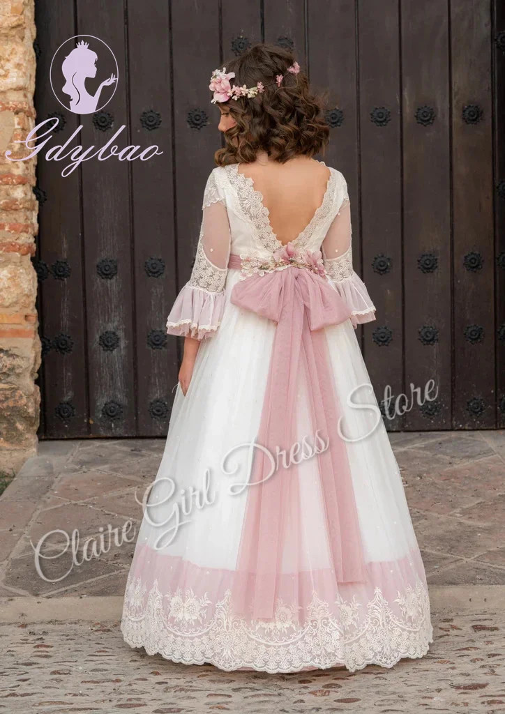 ที่กําหนดเองElegantชุดสาวดอกไม้สําหรับงานแต่งงานBacklessกับโบว์เจ้าหญิงวันเกิดParty First Communion Ball Gown