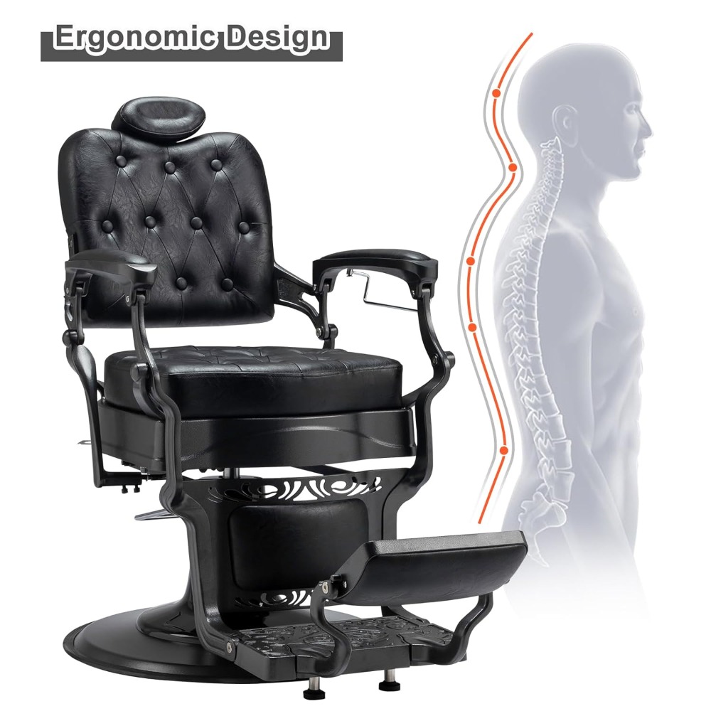 Heavy Duty Vintage Recline Barber Chair Hydraulic with Headrest, Supports up to 700lbs & 360°Rotatable, Professional Salon