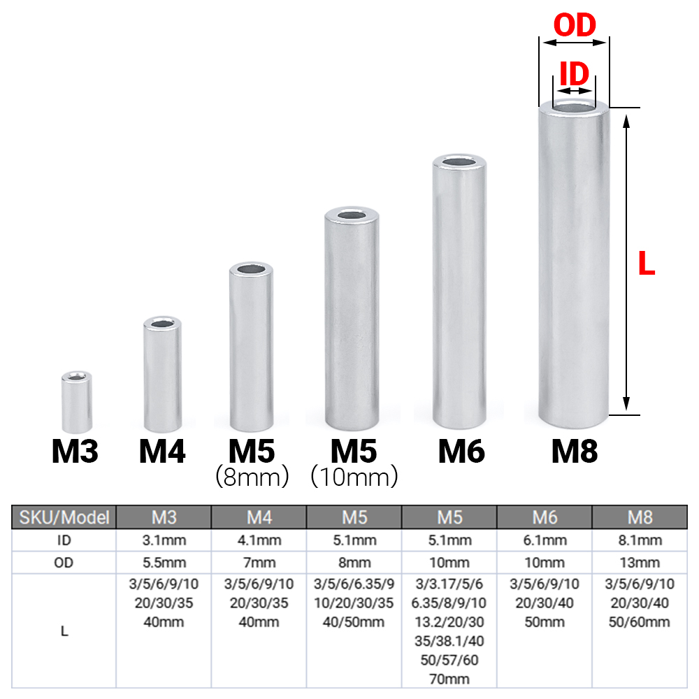 10-100 개/몫 M3 M4 M5 M6 M8 알루미늄 원형 스페이서 플랫 와셔 부싱 가스켓 슬리브 나사없는 스탠드 오프
