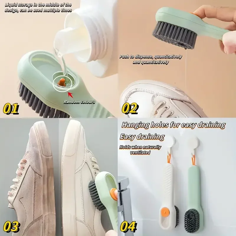 Spazzola multifunzionale per la pulizia delle scarpe, dispenser di sapone incorporato, spazzola per scarpe a setole morbide, adatta per la casa e il bagno