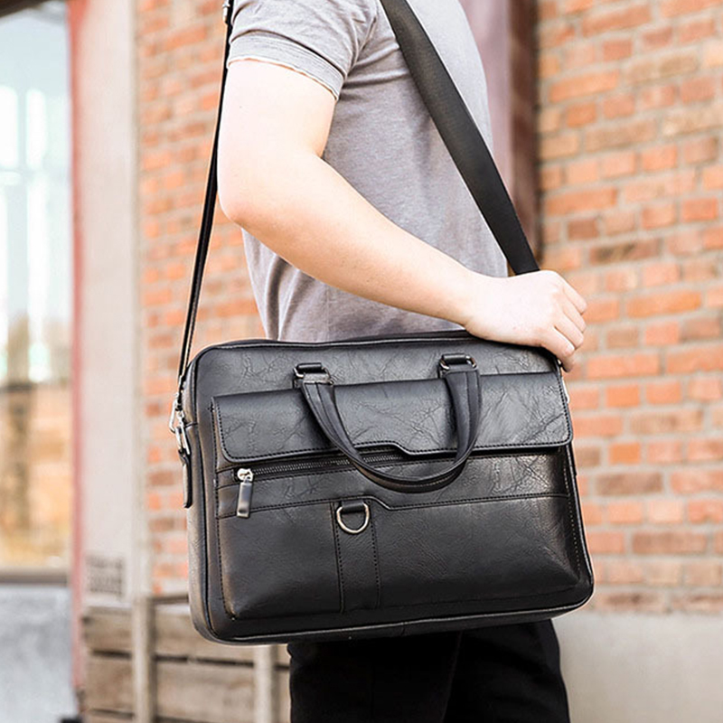 Polarshe maletín para hombre, bolso de cuero para hombre, bolso de gran capacidad para ordenador portátil de 14 pulgadas, bandolera de hombro para hombre de negocios de marca сумка