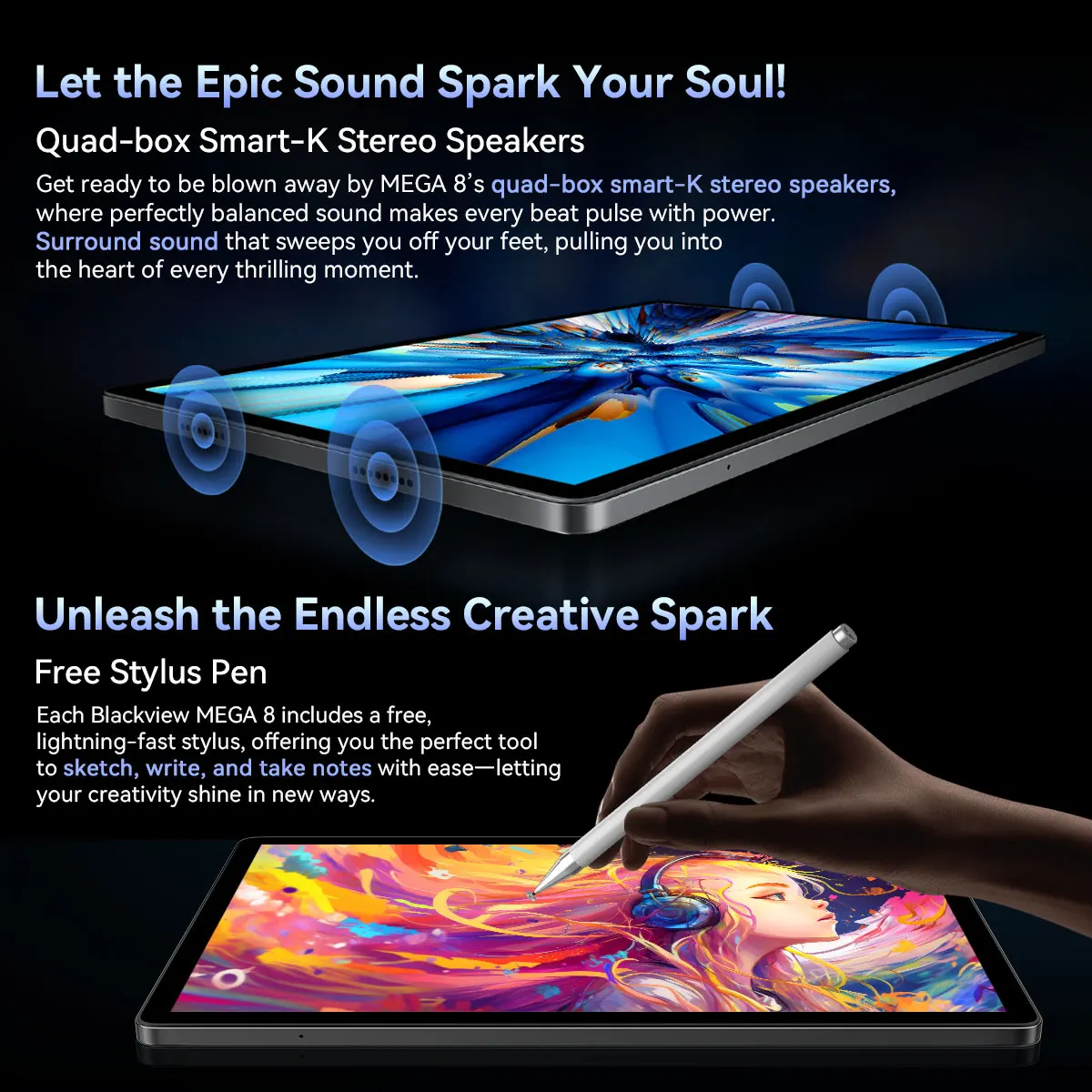 【World premiere】Blackview MEGA 8 Tablet 13 inch FHD+ 90Hz Display 11000mAh  AI Android 15 50Mp Camera 4 BOX Speakers 4G Pad PC